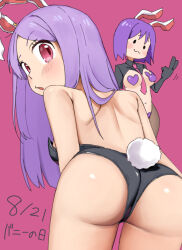 2girls :3 animal_ears ass back between_breasts black_gloves blush breasts commentary_request cookie_(touhou) cowboy_shot dated fake_hisui_(cookie) from_behind gloves heart_pasties hisui_(cookie) leotard long_hair looking_at_viewer looking_back medium_breasts meme_attire mismatched_pasties multiple_girls necktie necktie_between_breasts open_mouth pasties pink_background pink_necktie playboy_bunny pura_(aiueo256375) purple_hair rabbit_ears rabbit_girl rabbit_pasties rabbit_tail raised_eyebrow red_eyes reisen_udongein_inaba reverse_bunnysuit reverse_outfit simple_background swept_bangs tail touhou