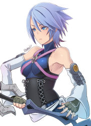 Rule 34 | 1girl, aqua (kingdom hearts), armpits, artist name, bare shoulders, blue eyes, blue hair, breasts, brown gloves, butcha-u, commentary request, detached sleeves, fingerless gloves, from side, frown, gloves, hair between eyes, highres, holding, holding sword, holding weapon, kingdom hearts, kingdom hearts birth by sleep, large breasts, long sleeves, short hair, simple background, solo, sword, upper body, weapon, white background, white sleeves, wide sleeves