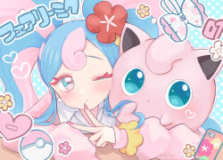 Rule 34 | 1girl, blue background, blue eyes, blue hair, cellphone, closed mouth, collared shirt, commentary request, creatures (company), crossover, earrings, fairy miku (project voltage), flower, game freak, gen 1 pokemon, hair flower, hair ornament, hatsune miku, highres, jacket, jewelry, jigglypuff, long sleeves, masshirokachi, multicolored hair, nail polish, nintendo, one eye closed, outline, phone, pink hair, pink jacket, pink nails, poke ball, poke ball (basic), pokemon, pokemon (creature), polka dot, polka dot background, project voltage, puffy long sleeves, puffy sleeves, red flower, shirt, simple background, translation request, twintails, two-tone hair, vocaloid, white outline, white shirt