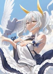 Rule 34 | 1girl, absurdres, aoi 13, bird, blue sky, breasts, cleavage, cloud, cloudy sky, commentary, detached sleeves, dress, english commentary, eyebrows hidden by hair, frilled dress, frills, hair between eyes, hair ribbon, highres, medium breasts, original, ribbon, short twintails, sidelocks, silver hair, sky, solo, twintails, white dress, white sleeves, yellow eyes, yellow ribbon