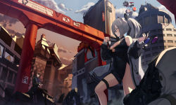 Rule 34 | 2girls, absurdres, amiya (arknights), angdo (kakajo26), animal ears, arknights, ascot, bare shoulders, black dress, black pantyhose, blue ascot, blue sky, brown hair, china dress, chinese clothes, city, cloud, commentary request, day, dress, feater (arknights), grey hair, grin, highres, jacket, long hair, long sleeves, multiple girls, off shoulder, open clothes, open jacket, outdoors, panda ears, pantyhose, profile, rabbit ears, red eyes, sitting, sky, sleeveless, sleeveless dress, smile, standing, thigh strap, thighs, twintails
