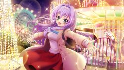 Rule 34 | 1girl, ahoge, amusement park, backpack, bag, black bag, blue bow, blue hairband, blue ribbon, bow, breasts, brown coat, buttons, carousel, coat, dot nose, ferris wheel, film grain, game cg, green eyes, hair bow, hair intakes, hair ribbon, hairband, hokaze kanade, izumi tsubasu, lens flare, long sleeves, looking at viewer, medium breasts, night, night sky, non-web source, official art, open mouth, outdoors, outstretched arms, pocket, purple hair, re:stage!, red skirt, ribbon, roller coaster, shirt, skirt, sky, smile, solo, sparkle, star (sky), starry sky, white shirt
