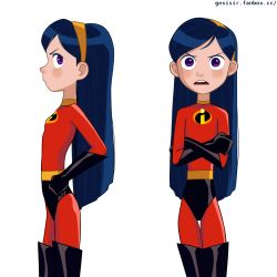 Rule 34 | 1girl, absurdres, black hair, bodysuit, boots, breasts, commentary, english commentary, gloves, gnsisir, hairband, hands on own hips, highres, latex, latex gloves, long hair, looking at viewer, medium breasts, open mouth, purple eyes, superhero costume, the incredibles, violet parr
