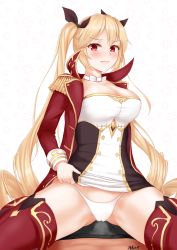 Rule 34 | 1boy, 1girl, azur lane, black ribbon, blonde hair, blush, boots, breasts, bulge, cameltoe, cleavage, clothes lift, commentary request, detached collar, dress, dress lift, epaulettes, erection, erection under clothes, facing viewer, from below, frown, girl on top, grinding over clothes, hair ribbon, highres, jacket, kamui aya, large breasts, long hair, looking at viewer, microdress, nelson (azur lane), open clothes, open jacket, panties, pov, pov crotch, red eyes, red footwear, red jacket, ribbon, signature, solo focus, straddling, strapless, strapless dress, teasing, thigh boots, thighhighs, twintails, underwear, very long hair, white background, white panties