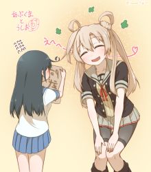 Rule 34 | 10s, 2girls, abukuma (kancolle), ahoge, black hair, blonde hair, blush, buttons, commentary request, eyebrows, closed eyes, giorgio claes, hair between eyes, hair rings, hand on own knee, hands on own knees, heart, highres, kantai collection, long hair, multiple girls, open mouth, pleated skirt, remodel (kantai collection), school uniform, serafuku, shorts, shorts under skirt, skirt, smile, translation request, twitter username, ushio (kancolle), v arms