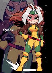 Rule 34 | 1girl, absurdres, animification, belt, black background, bodysuit, bodysuit under clothes, boots, breasts, brown hair, character name, coat, covered navel, full body, gloves, green eyes, hand on own hip, headband, highres, large breasts, marvel, multicolored hair, rariatto (ganguri), rogue (x-men), smile, solo, thighhighs, trench coat, twitter username, white hair, x-men, x-men: the animated series, zoom layer