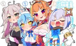 Rule 34 | ahoge, amane kanata, angel wings, armband, blonde hair, blue hair, bow, breasts, cleavage, cleavage cutout, closed eyes, clothing cutout, colored inner hair, diagonal-striped bow, dragon horns, eyes visible through hair, fang, grey eyes, grey hair, hair over one eye, hairband, halo, hat, heart, heart ahoge, highres, hololive, horn bow, horn ornament, horns, jacket, kiryu coco, kiryu coco (1st costume), large breasts, midriff, multicolored hair, navel, open mouth, orange hair, partially translated, sakuramochi (sakura frappe), shishiro botan, shishiro botan (1st costume), skin fang, smile, star halo, streaked hair, translation request, two-tone hair, virtual youtuber, white jacket, wings, yellow eyes, yukihana lamy