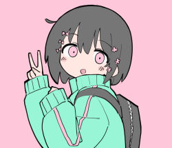 Rule 34 | 1girl, backpack, bag, black bag, black hair, blush stickers, bow, clenched hand, flower, from side, fusazakura, green jacket, hair bow, hair flower, hair ornament, hands up, head tilt, high collar, highres, jacket, kurari-chan (iyowa), kyu-kurarin (cevio), looking at viewer, looking to the side, multiple hair bows, open mouth, pink background, pink bow, pink eyes, pink flower, short hair, simple background, sleeves past wrists, smile, solo, track jacket, upper body, v