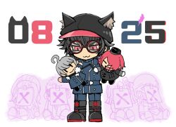 Rule 34 | 1boy, :3, :d, ahoge, animal ears, animal hat, aphex logan, belt, black footwear, black hair, black hat, blue belt, blue jacket, blue pants, boots, cabbie hat, character doll, closed eyes, closed mouth, commentary request, dated, doll, fake animal ears, full body, glasses, hanabusashu, hat, holding, holding doll, jacket, male focus, master detective archives: rain code, melami goldmine, open mouth, pants, paper on head, pucci lavmin, purple hair, red-framed eyewear, red eyes, red hair, round eyewear, short hair, smile, solo, spoilers, standing, yomi hellsmile, yuma kokohead, zange eraser, zilch alexander