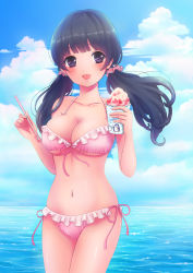 Rule 34 | 1girl, :d, absurdres, bare arms, bikini, black hair, blush, breasts, cleavage, cloud, collarbone, cowboy shot, day, drinking straw, food, frilled bikini, frills, front-tie bikini top, front-tie top, highres, large breasts, long hair, looking at viewer, nanairo fuuka, navel, ocean, open mouth, original, outdoors, pink bikini, purple eyes, shaved ice, side-tie bikini bottom, sky, smile, solo, swimsuit, twintails, underboob, water