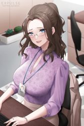 Rule 34 | 1girl, absurdres, beige blazer, beige skirt, blouse, blue eyes, bracelet, breasts, brown hair, chair, cleavage, desk, expulse, from above, glasses, high ponytail, highres, id card, indoors, jewelry, keyboard (computer), lanyard, large breasts, long hair, looking at viewer, mole, mole under eye, office lady, original, parted lips, pearl bracelet, purple shirt, ring, shirt, shirt tucked in, sidelocks, sitting, skirt, sweatdrop