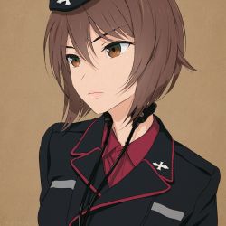 Rule 34 | 10s, 1girl, akagi (fmttps), artist name, black hat, black jacket, brown background, brown eyes, brown hair, closed mouth, commentary, dress shirt, emblem, garrison cap, girls und panzer, hat, jacket, kuromorimine military uniform, light frown, lips, long sleeves, looking to the side, military, military hat, military uniform, nishizumi maho, one-hour drawing challenge, portrait, red shirt, shirt, short hair, solo, throat microphone, twitter username, uniform, wing collar
