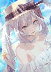 Rule 34 | absurdres, alternate costume, artist request, blouse, blue hair, blush, breasts, bubble, fate (series), flower, grey hair, hat, highres, large breasts, lower teeth only, marie antoinette (fate), ocean, open mouth, shirt, smile, starfish, straw hat, teeth, twintails, water, white hair