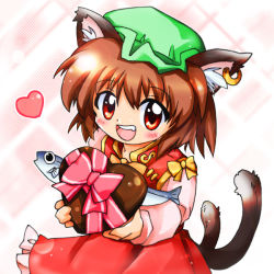Rule 34 | 1girl, animal ears, bad id, bad pixiv id, blush, bow, brown hair, candy, cat ears, cat girl, cat tail, chen, chocolate, chocolate heart, dress, earrings, female focus, fish, food, happy, hat, heart, jewelry, multiple tails, red eyes, ribbon, short hair, solo, tail, teeth, touhou, two tails, valentine, zipang (zip@ng works)