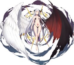 Rule 34 | 1girl, arms at sides, asymmetrical wings, bat wings, breasts, chain, closed mouth, demon wings, feathered wings, flying, gluteal fold, heterochromia, highleg, highres, horns, lily (sennen sensou aigis), long hair, looking at viewer, mismatched wings, nanahara fuyuki, navel, official art, pubic tattoo, red eyes, sennen sensou aigis, small breasts, solo, tattoo, transparent background, white hair, wings, yellow eyes
