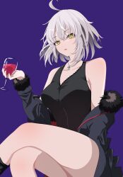 Rule 34 | 1girl, absurdres, ahoge, alcohol, bare shoulders, black coat, black dress, black footwear, boots, breasts, cleavage, coat, collarbone, crossed legs, cup, dress, drinking glass, fate/grand order, fate (series), fur-trimmed coat, fur trim, grey hair, highres, jeanne d&#039;arc alter (fate), jeanne d&#039;arc alter (ver. shinjuku 1999) (fate), jewelry, knee boots, large breasts, long sleeves, looking at viewer, necklace, nigori (keydoor), off shoulder, open clothes, open coat, short dress, short hair, solo, thighs, wine, wine glass, yellow eyes