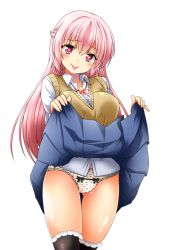 Rule 34 | 1girl, :p, black thighhighs, blush, breasts, clothes lift, heart, heart panties, heart print, large breasts, long hair, looking at viewer, original, panties, pink eyes, pink hair, print panties, school uniform, simple background, skirt, skirt lift, smile, solo, sweater vest, thighhighs, tongue, tongue out, underwear, white background, yua (checkmate)