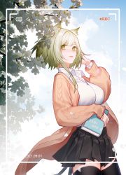 Rule 34 | 1girl, absurdres, alternate costume, animal ear fluff, animal ears, arknights, black skirt, black thighhighs, blue sky, book, cardigan, cat ears, chinese commentary, cloud, cloudy sky, commentary request, cowboy shot, dated, female focus, green eyes, green hair, highres, holding, holding book, kal&#039;tsit (arknights), leaf, lips, looking at viewer, open cardigan, open clothes, orange cardigan, outdoors, pleated skirt, shirt, short hair, sidelocks, skirt, sky, solo, thighhighs, thighs, tree, viewfinder, white shirt, wyc zz