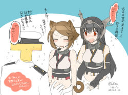 Rule 34 | 10s, 1boy, 2girls, animal ears, bad id, bad pixiv id, black hair, blush, brown hair, cat ears, cat tail, dated, closed eyes, haruno (kanimeshi), hat, kantai collection, multiple girls, mutsu (kancolle), nagato (kancolle), personification, t-head admiral, tail, twitter username