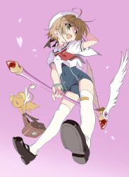 Rule 34 | 1girl, antenna hair, arm behind head, arm up, backpack, bag, bandaid, bandaid on leg, blue one-piece swimsuit, bracelet, brown bag, brown footwear, cardcaptor sakura, covered navel, dot nose, flipped hair, flying, full body, green eyes, highres, holding, holding staff, jewelry, kero (cardcaptor sakura), kinomoto sakura, light brown hair, looking to the side, mary janes, medium hair, neckerchief, one-piece swimsuit, open mouth, petals, pink background, randoseru, red neckerchief, sailor collar, school swimsuit, shirt, shoes, short sleeves, sidelocks, simple background, smile, solo, staff, staff riding, straight hair, swimsuit, swimsuit under clothes, thighhighs, watanabe akio, white sailor collar, white shirt, white thighhighs, white wings, winged staff, wings