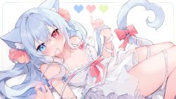 Rule 34 | 1girl, animal ears, bare arms, bare shoulders, bed sheet, blue eyes, bow, cat ears, cat girl, cat tail, collarbone, commentary request, commission, dress, feet out of frame, fukunoki tokuwa, grey hair, hair between eyes, heart, heart tail, heterochromia, indie virtual youtuber, kanzaki ririka, long hair, lying, mouth hold, on back, pink bow, pixelated, red eyes, ribbon, ribbon in mouth, simple background, skeb commission, sleeveless, sleeveless dress, solo, tail, tail bow, tail ornament, very long hair, virtual youtuber, white background, white ribbon