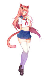 Rule 34 | 1boy, absurdres, animal ears, bad id, bad pixiv id, blue eyes, blue sailor collar, blue skirt, blunt bangs, brown footwear, cat ears, cat tail, collar, commentary request, crossdressing, full body, heterochromia, highres, loafers, long hair, male focus, midriff, miniskirt, navel, neckerchief, open mouth, original, paw hair ornament, paw print, pink hair, piuta, pleated skirt, red eyes, red neckerchief, sailor collar, school uniform, serafuku, shirt, shoes, short sleeves, simple background, skindentation, skirt, solo, standing, tail, thighhighs, trap, very long hair, white background, white shirt, white thighhighs