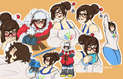 Rule 34 | 1girl, alternate costume, black-framed eyewear, blush, breasts, brown eyes, brown hair, casual, coat, collage, crying, cup, drone, ecopoint mei, english text, fur hat, glasses, gloves, hair bun, hair ornament, hair stick, hat, highres, hot chocolate, kathleen lim, large breasts, mei (overwatch), mug, off-shoulder, off-shoulder sweater, off shoulder, official alternate costume, overwatch, overwatch 1, pajamei, pants, short hair, single hair bun, smile, snowball (overwatch), stretching, sweater, tank top, waking up, winter clothes, winter coat, yawning, yoga pants