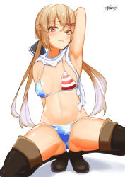 Rule 34 | 1girl, american flag bikini, arm up, armpits, ayuman, bikini, black bow, black footwear, blush, boots, bow, breasts, brown eyes, brown hair, closed mouth, dated, flag print, hair between eyes, hair bow, hair ornament, hairclip, kantai collection, long hair, low twintails, scarf, signature, simple background, small breasts, solo, star (symbol), star print, swimsuit, tashkent (kancolle), thigh boots, thighhighs, torn clothes, torn scarf, twintails, white background, white scarf
