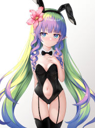Rule 34 | 1girl, ameth (princess connect!), animal ears, black leotard, black thighhighs, blue eyes, breasts, cementite, clothing cutout, cowboy shot, drill hair, drill sidelocks, fake animal ears, flower, garter straps, gluteal fold, green hair, hair flower, hair ornament, hand on own chest, highres, leotard, long hair, multicolored hair, navel, navel cutout, pink flower, playboy bunny, pointy ears, princess connect!, purple hair, sidelocks, simple background, small breasts, solo, strapless, strapless leotard, thighhighs, twintails, two-tone hair, very long hair, white background