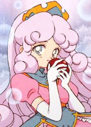 Rule 34 | 1990s (style), 1girl, anime coloring, apple, bad id, bad pixiv id, bishoujo senshi sailor moon, blue eyes, blush, breasts, bright pupils, closed mouth, commentary, crown, curly hair, dot nose, dress, english commentary, eyelashes, fake screenshot, film grain, food, frilled dress, frills, fruit, gold trim, hands up, high collar, holding, holding food, holding fruit, lace background, light particles, long hair, looking at viewer, medium breasts, murid (sailor moon), parody, parted bangs, pikiru, pink dress, pink hair, pink lips, puffy short sleeves, puffy sleeves, purple background, raised eyebrows, red apple, retro artstyle, short sleeves, sidelocks, simple background, solo, sparkle, standing, style parody, upper body, very long hair, vhs artifacts, white pupils