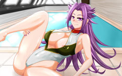 Rule 34 | 10s, 1girl, breasts, cleft of venus, covered erect nipples, front zipper swimsuit, highres, jun&#039;you (kancolle), kantai collection, large breasts, leg up, long hair, meme attire, morikurousagi, one-piece swimsuit, pool, purple eyes, purple hair, rei no pool, spiked hair, swimsuit