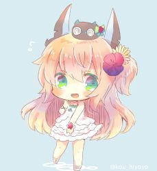 Rule 34 | 1girl, :d, azur lane, bare shoulders, blue background, blush, chibi, coke-bottle glasses, commentary request, dress, flower, full body, glasses, green eyes, hair between eyes, hair flower, hair ornament, headgear, kou hiyoyo, light brown hair, long hair, looking at viewer, on head, one side up, open mouth, red flower, sleeveless, sleeveless dress, smile, solo, standing, standing on one leg, tanikaze (azur lane), tanikaze (lost girl and labyrinth butterfly) (azur lane), twitter username, very long hair, white dress