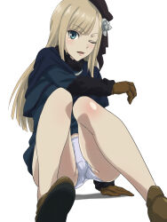 Rule 34 | 1girl, ;d, ass, bare legs, black headwear, blonde hair, blue capelet, blue jacket, brown footwear, brown gloves, capelet, commentary request, fate (series), flower, fur-trimmed jacket, fur collar, fur trim, gloves, grey flower, hair flower, hair ornament, highres, jacket, knees up, long hair, lord el-melloi ii case files, nomanota, one eye closed, open mouth, panties, reines el-melloi archisorte, shiny skin, shoes, simple background, smile, solo, underwear, white background, white panties