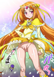 Rule 34 | 10s, 1girl, bow, cleft of venus, clothes lift, cure muse, cure muse (yellow), dodory, expressionless, eyelashes, female focus, hand on own hip, joy ride, legs, long hair, magical girl, no panties, orange hair, pink eyes, precure, pussy, shirabe ako, skirt, skirt lift, solo, staff (music), standing, suite precure, thighs, treble clef, uncensored, yellow bow