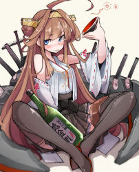Rule 34 | 10s, 1girl, ahoge, blue eyes, bottle, brown hair, drunk, hairband, kantai collection, kongou (kancolle), long hair, nontraditional miko, smile, solo, tansuke, thighhighs, tongue, turret