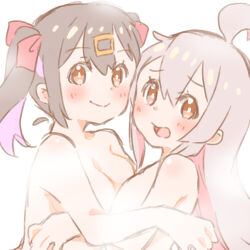 Rule 34 | 2girls, :d, absurdres, ahoge, asymmetrical docking, black hair, blush, breast press, breasts, brown eyes, commentary, completely nude, english commentary, flat chest, hair between eyes, hair ornament, hair ribbon, hairclip, highres, hug, long hair, mayoineko, medium breasts, medium hair, multicolored hair, multiple girls, nude, onii-chan wa oshimai!, open mouth, oyama mahiro, oyama mihari, pink hair, purple hair, red ribbon, ribbon, siblings, simple background, sisters, smile, twintails, two-tone hair, upper body, white background