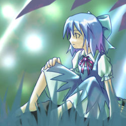 Rule 34 | 1girl, blue bow, blue dress, blue hair, bow, cirno, dress, feet, female focus, frills, glowing, grass, hand on own knee, kazuhane, leaf, profile, red bow, sitting, solo, touhou