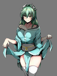 Rule 34 | absurdres, aqua hair, clothes lift, collarbone, cowboy shot, fate/grand order, fate (series), grey background, hair between eyes, highres, horns, japanese clothes, kiyohime (fate), lifted by self, long hair, obi, off shoulder, sash, simple background, skindentation, skirt, skirt lift, smile, solo, standing, tetsu (excalibur920), thighhighs, white thighhighs, yellow eyes