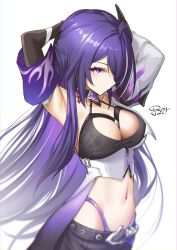 Rule 34 | 1girl, absurdres, acheron (honkai: star rail), armpits, arms up, black choker, black shorts, breasts, choker, coat, commentary request, hair ornament, highres, honkai: star rail, honkai (series), large breasts, long hair, looking at viewer, navel, purple eyes, purple hair, royboy, short shorts, shorts, single bare shoulder, solo, stomach, upper body, very long hair, white background