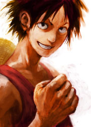 Rule 34 | 1boy, bad id, bad pixiv id, black eyes, black hair, clenched hand, grin, hat, lack, male focus, monkey d. luffy, one piece, painterly, red vest, scar, smile, solo, straw hat, teeth, vest, white background