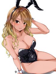 Rule 34 | 1girl, absurdres, animal ears, bare legs, bare shoulders, black leotard, blonde hair, blush, breasts, brown hair, cleavage, collarbone, commentary request, crossed legs, endo yohane, fake animal ears, gradient hair, groin, highres, idolmaster, idolmaster shiny colors, izumi mei, large breasts, leotard, looking at viewer, multicolored hair, playboy bunny, rabbit ears, signature, sitting, solo, strapless, strapless leotard, wrist cuffs