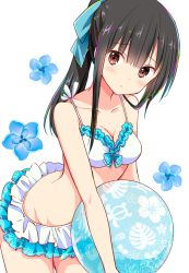 Rule 34 | arched back, ball, beachball, bikini, black hair, blue bow, blush, bow, breasts, brown eyes, chijou noko, chikanoko, chromatic aberration, cleavage, closed mouth, collarbone, floral background, frilled bikini, frills, hair bow, holding, leaning forward, long hair, looking at viewer, medium breasts, original, ponytail, ragho no erika, simple background, solo, swimsuit, white bikini