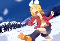 Rule 34 | 1girl, blonde hair, bow, building, day, closed eyes, hair bow, hair ornament, hairclip, happy, jacket, kagamine rin, kicking, legs, navel, nokuhashi, open mouth, scarf, shoes, shorts, sky, smile, snow, solo, thighs, tree, vocaloid
