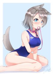 Rule 34 | 1girl, animal ears, blue background, blue eyes, blue one-piece swimsuit, border, breasts, collar, competition swimsuit, animal collar, dog ears, dog tail, grey hair, haruna miyabi, highres, kemonomimi mode, leash, looking at viewer, love live!, love live! sunshine!!, medium breasts, one-piece swimsuit, short hair, sitting, smile, solo, swimsuit, tail, two-tone background, wariza, watanabe you, white border
