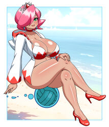 Rule 34 | 1girl, absurdres, ball, beach, bikini, blue border, border, breasts, choker, cleavage, collarbone, crossed legs, dress, earrings, energy, eyelashes, final fantasy, fingernails, floating, green eyes, hair over one eye, hand on own knee, high heels, highres, hood, hood down, hooded dress, jewelry, large breasts, levitation, lips, long sleeves, looking at viewer, magic, mario (series), mario sports mix, microdress, navel, nintendo, no socks, ocean, open clothes, open dress, open hand, open mouth, outdoors, pink hair, red bikini, red choker, red dress, red footwear, shiny skin, short hair, sitting, sitting on ball, smile, solo, swimsuit, tan, thighs, tiara, two-tone bikini, two-tone dress, volleyball (object), water, white bikini, white border, white dress, white mage (final fantasy), yensh