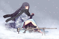 Rule 34 | 1girl, bare legs, bipod, black hair, bolt action, fingerless gloves, from side, full body, geta, gloves, gun, long hair, no socks, original, own hands clasped, own hands together, red eyes, rifle, sakamoto mineji, sandals, scarf, scope, sitting, sniper rifle, snow, solo, weapon