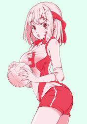 Rule 34 | 1girl, ball, commentary, elbow pads, from side, girls und panzer, green background, headband, highres, holding, holding ball, kondou taeko, leaning forward, looking at viewer, multiple monochrome, open mouth, red headband, red shirt, red shorts, red theme, shiiba aki, shirt, short hair, short shorts, shorts, simple background, single vertical stripe, sleeveless, sleeveless shirt, solo, sportswear, standing, volleyball, volleyball (object), volleyball uniform
