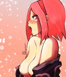 Rule 34 | 1girl, blush, breasts, haruno sakura, naruto (series), nipples, pink hair, polka1216, solo, tagme, tongue, tongue out