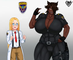 Rule 34 | 1boy, 1girl, absurdres, artist name, blonde hair, blue eyes, breasts, brown hair, cleavage, dark-skinned female, dark skin, glasses, highres, huge breasts, knife, long hair, muscular, muscular female, orange eyes, original, oroz kun, self-upload, simple background, uniform