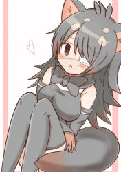 Rule 34 | 1girl, absurdres, animal ears, australian devil (kemono friends), bare shoulders, black bow, black bowtie, black hair, black shirt, black sleeves, black thighhighs, blush, bow, bowtie, breasts, brown eyes, brown gloves, brown hair, commentary request, detached sleeves, eyepatch, fang, feet out of frame, gloves, heart, highres, kemono friends, knees up, long sleeves, looking at viewer, medical eyepatch, medium breasts, multicolored hair, open mouth, pink background, shirt, sitting, sleeveless, sleeveless shirt, sleeves past wrists, solo, streaked hair, sunanuko (ramuneko), tail, thighhighs, two-tone background, white background